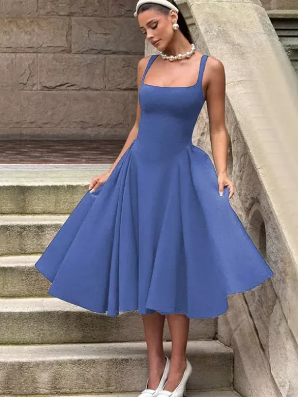 Square Neck Midi Dress For Women - Retro A-Line Pleated Dress - Spring Cocktail Party 2026