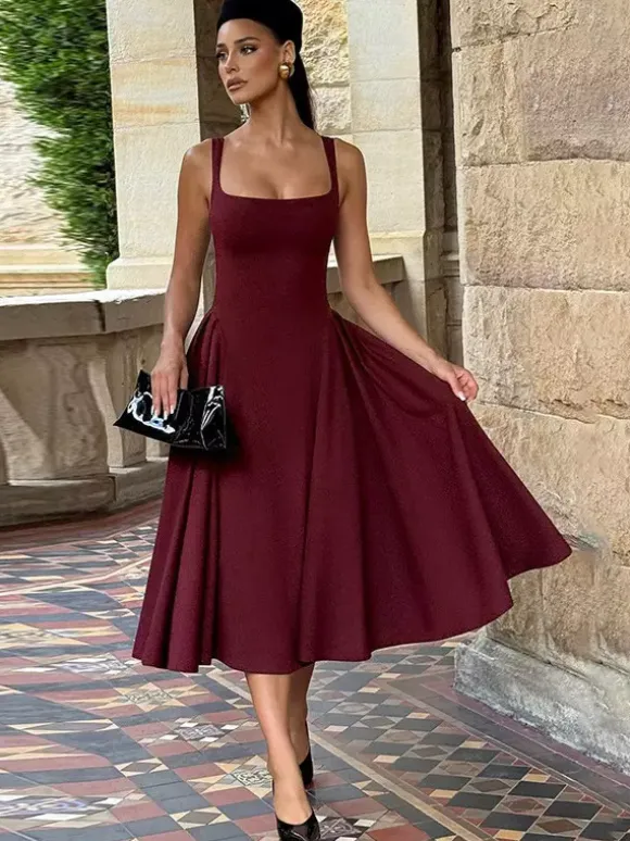 Square Neck Midi Dress For Women - Retro A-Line Pleated Dress - Spring Cocktail Party 2026