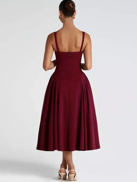 Square Neck Midi Dress For Women - Retro A-Line Pleated Dress - Spring Cocktail Party 2026