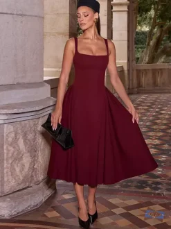 Square Neck Midi Dress For Women - Retro A-Line Pleated Dress - Spring Cocktail Party 2026