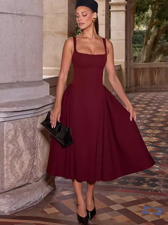 Square Neck Midi Dress For Women - Retro A-Line Pleated Dress - Spring Cocktail Party 2026