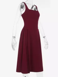 Square Neck Midi Dress For Women - Retro A-Line Pleated Dress - Spring Cocktail Party 2026