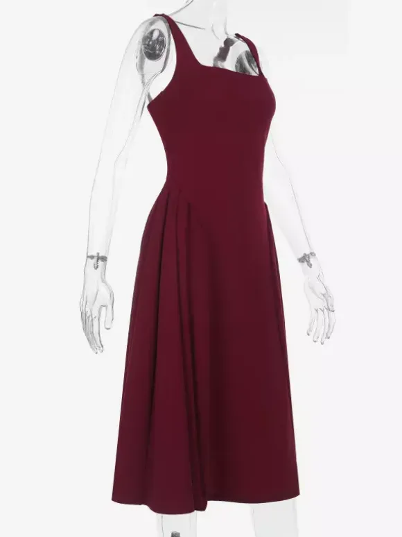 Square Neck Midi Dress For Women - Retro A-Line Pleated Dress - Spring Cocktail Party 2026