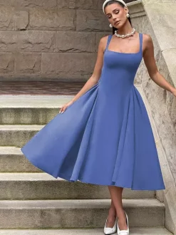 Square Neck Midi Dress For Women - Retro A-Line Pleated Dress - Spring Cocktail Party 2026