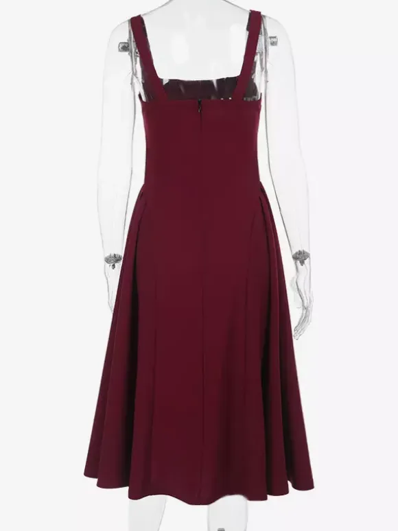 Square Neck Midi Dress For Women - Retro A-Line Pleated Dress - Spring Cocktail Party 2026