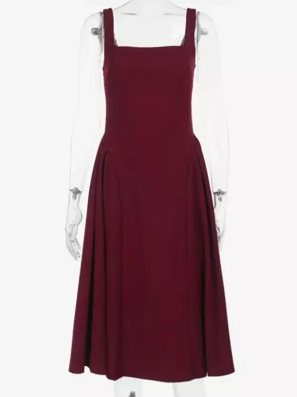 Square Neck Midi Dress For Women - Retro A-Line Pleated Dress - Spring Cocktail Party 2026