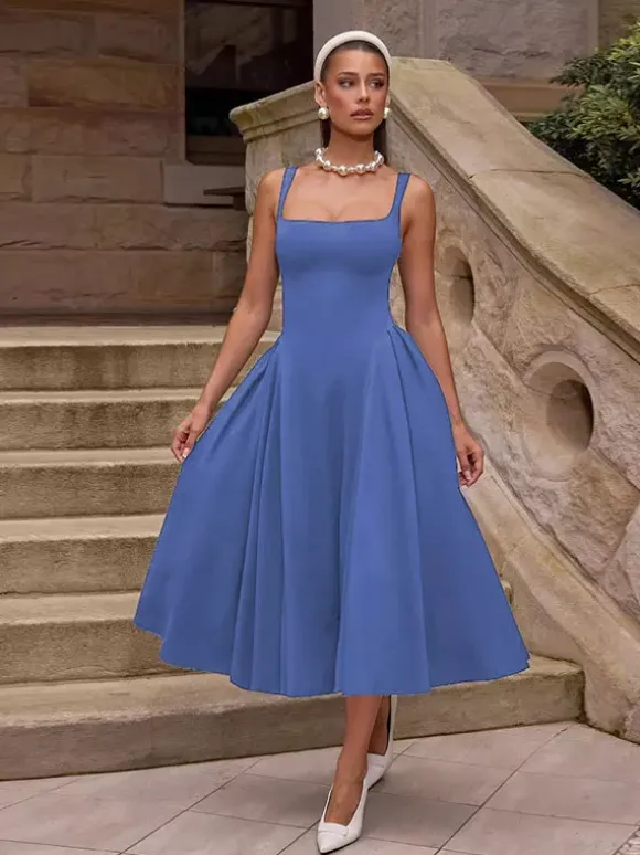 Square Neck Midi Dress For Women - Retro A-Line Pleated Dress - Spring Cocktail Party 2026