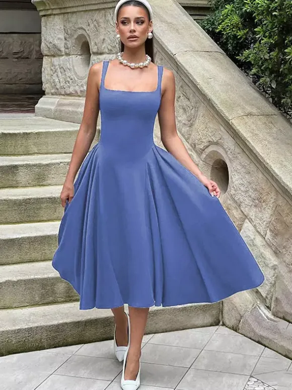 Square Neck Midi Dress For Women - Retro A-Line Pleated Dress - Spring Cocktail Party 2026
