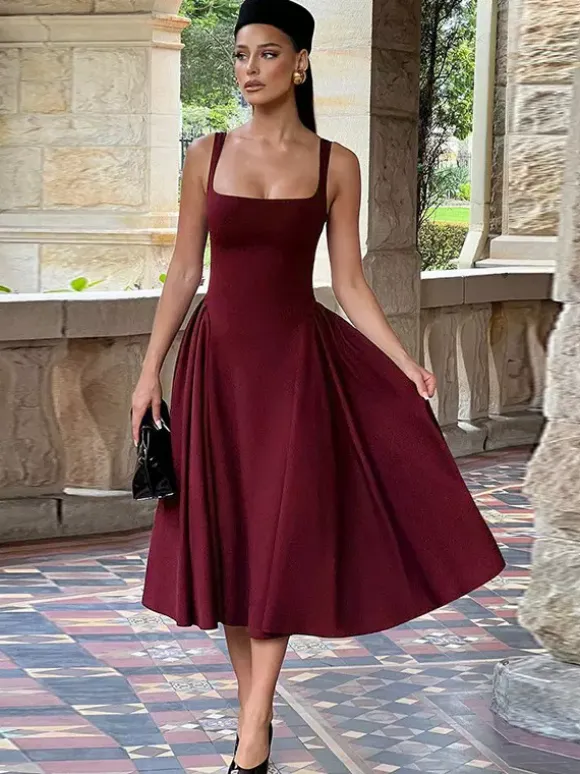 Square Neck Midi Dress For Women - Retro A-Line Pleated Dress - Spring Cocktail Party 2026