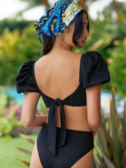 Square Neck Puff Sleeves Bikini Top And Knotted Bottom 2 Pieces Set