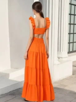 Square Neck Ruffle Strap Crop Top Tiered Maxi Skirt 2 Piece Vacation Outfit Set
