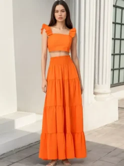 Square Neck Ruffle Strap Crop Top Tiered Maxi Skirt 2 Piece Vacation Outfit Set