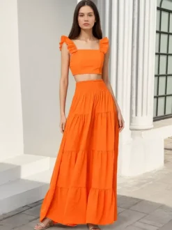 Square Neck Ruffle Strap Crop Top Tiered Maxi Skirt 2 Piece Vacation Outfit Set