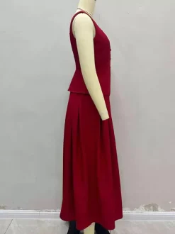 Square Neck Vest Top And Long Slit Skirt Two Piece Set In Red For Summer 2026