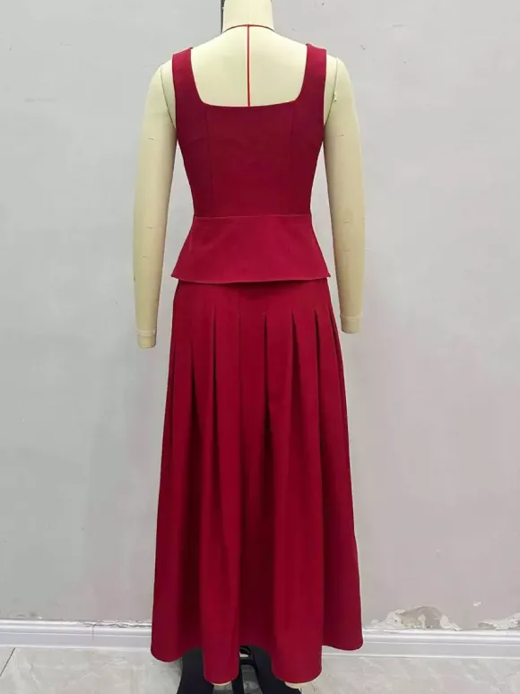 Square Neck Vest Top And Long Slit Skirt Two Piece Set In Red For Summer 2026