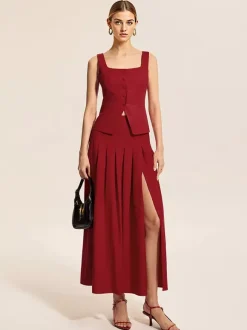 Square Neck Vest Top And Long Slit Skirt Two Piece Set In Red For Summer 2026