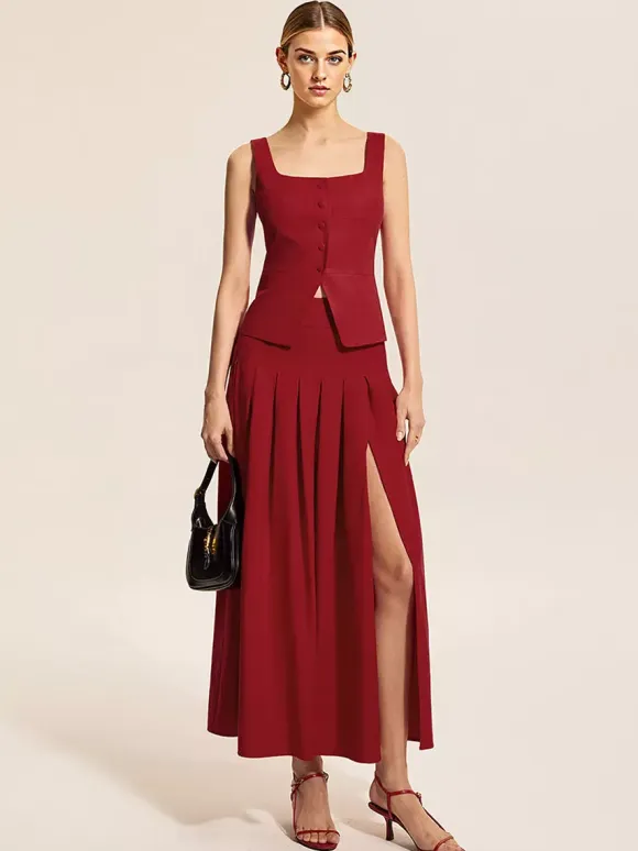 Square Neck Vest Top And Long Slit Skirt Two Piece Set In Red For Summer 2026