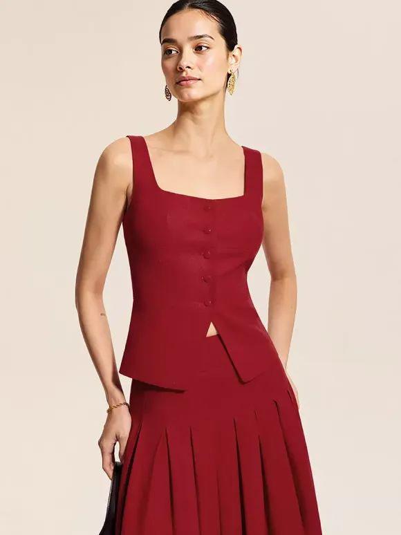 Square Neck Vest Top And Long Slit Skirt Two Piece Set In Red For Summer 2026