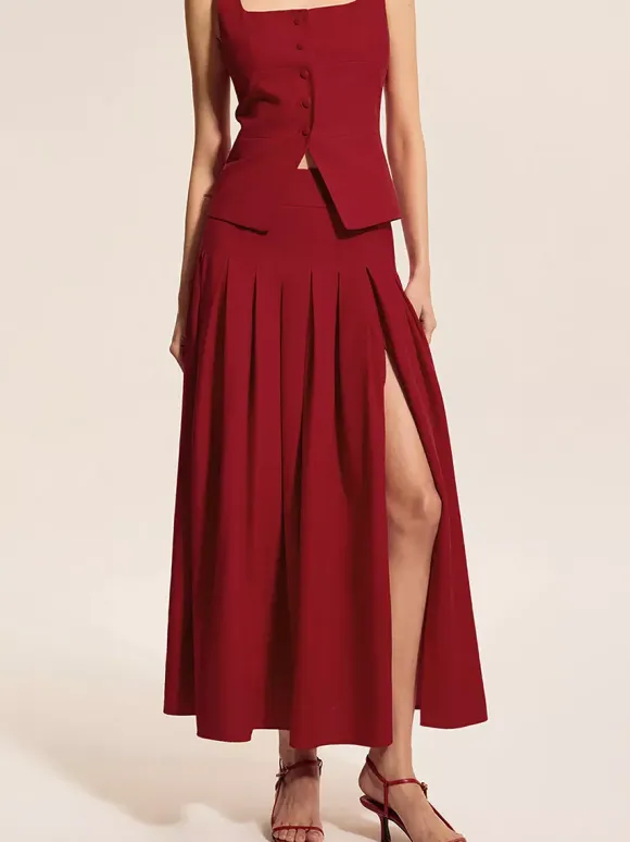 Square Neck Vest Top And Long Slit Skirt Two Piece Set In Red For Summer 2026