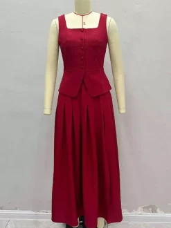 Square Neck Vest Top And Long Slit Skirt Two Piece Set In Red For Summer 2026