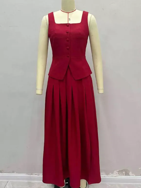 Square Neck Vest Top And Long Slit Skirt Two Piece Set In Red For Summer 2026