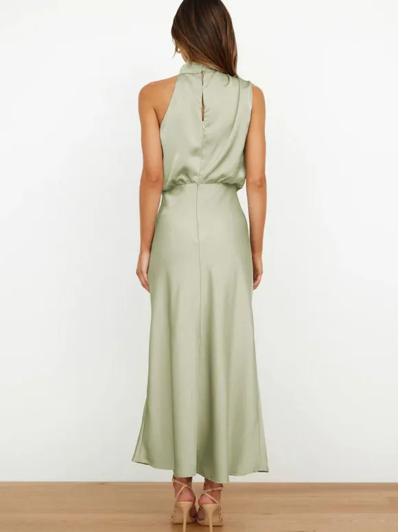 Stain Midi Party Dress Halter Sleeveless Bridesmaid Dress In Burgundy