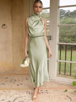 Stain Midi Party Dress Halter Sleeveless Bridesmaid Dress In Burgundy