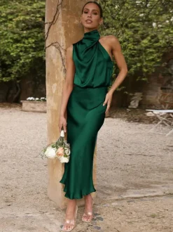 Stain Midi Party Dress Halter Sleeveless Bridesmaid Dress In Burgundy