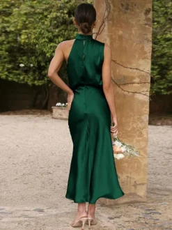 Stain Midi Party Dress Halter Sleeveless Bridesmaid Dress In Burgundy