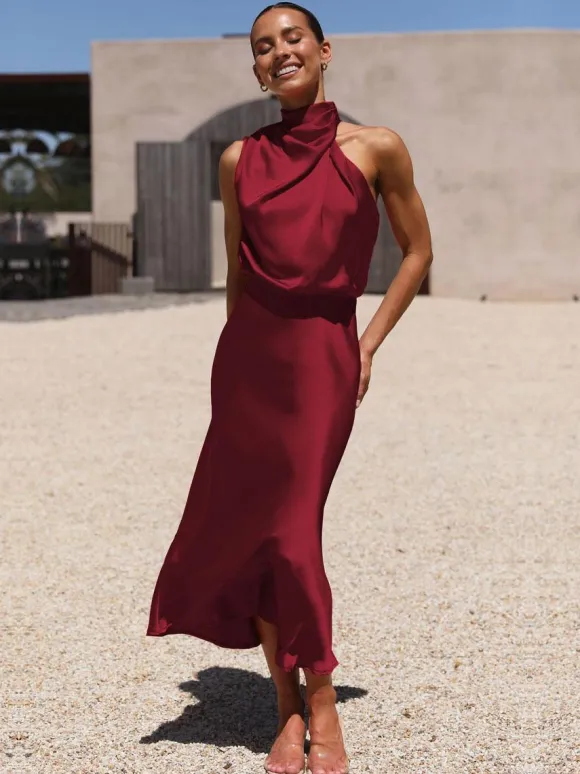 Stain Midi Party Dress Halter Sleeveless Bridesmaid Dress In Burgundy