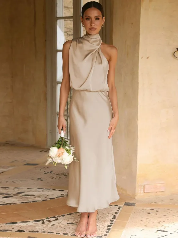 Stain Midi Party Dress Halter Sleeveless Bridesmaid Dress In Burgundy