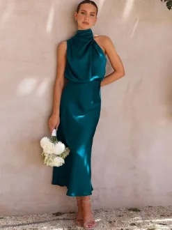 Stain Midi Party Dress Halter Sleeveless Bridesmaid Dress In Burgundy