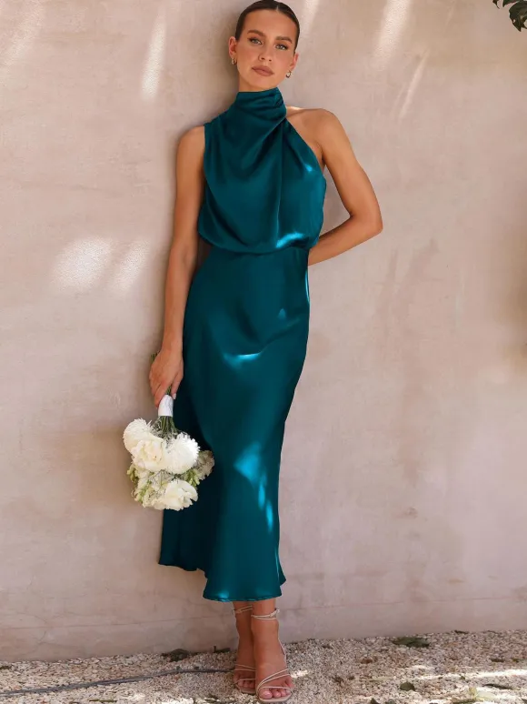 Stain Midi Party Dress Halter Sleeveless Bridesmaid Dress In Burgundy