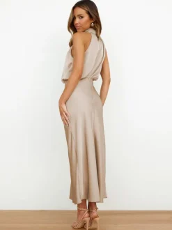 Stain Midi Party Dress Halter Sleeveless Bridesmaid Dress In Burgundy