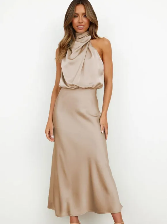 Stain Midi Party Dress Halter Sleeveless Bridesmaid Dress In Burgundy