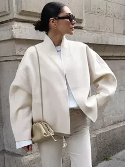 Stand Collar Women's Short Coat - Cream Oversized Fit Jacket - Minimalist Spring Street Casual Outfits 2026