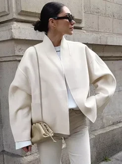 Stand Collar Women's Short Coat - Cream Oversized Fit Jacket - Minimalist Spring Street Casual Outfits 2026