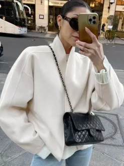 Stand Collar Women's Short Coat - Cream Oversized Fit Jacket - Minimalist Spring Street Casual Outfits 2026