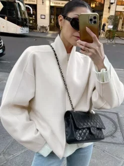 Stand Collar Women's Short Coat - Cream Oversized Fit Jacket - Minimalist Spring Street Casual Outfits 2026