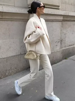 Stand Collar Women's Short Coat - Cream Oversized Fit Jacket - Minimalist Spring Street Casual Outfits 2026