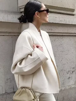 Stand Collar Women's Short Coat - Cream Oversized Fit Jacket - Minimalist Spring Street Casual Outfits 2026