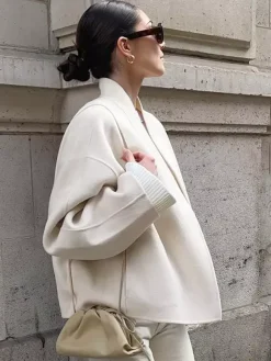 Stand Collar Women's Short Coat - Cream Oversized Fit Jacket - Minimalist Spring Street Casual Outfits 2026
