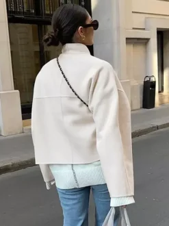 Stand Collar Women's Short Coat - Cream Oversized Fit Jacket - Minimalist Spring Street Casual Outfits 2026