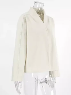 Stand Collar Women's Short Coat - Cream Oversized Fit Jacket - Minimalist Spring Street Casual Outfits 2026
