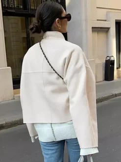 Stand Collar Women's Short Coat - Cream Oversized Fit Jacket - Minimalist Spring Street Casual Outfits 2026