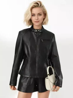 Stand Collar Zip Up Leather Jacket Slim Fit Side Zipper Pocket Solid Black Outer Coat
