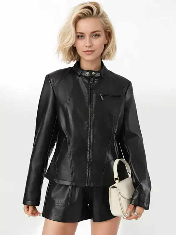 Stand Collar Zip Up Leather Jacket Slim Fit Side Zipper Pocket Solid Black Outer Coat