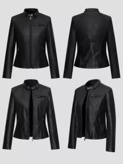 Stand Collar Zip Up Leather Jacket Slim Fit Side Zipper Pocket Solid Black Outer Coat