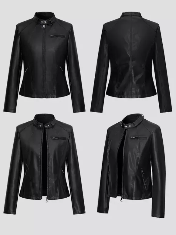 Stand Collar Zip Up Leather Jacket Slim Fit Side Zipper Pocket Solid Black Outer Coat