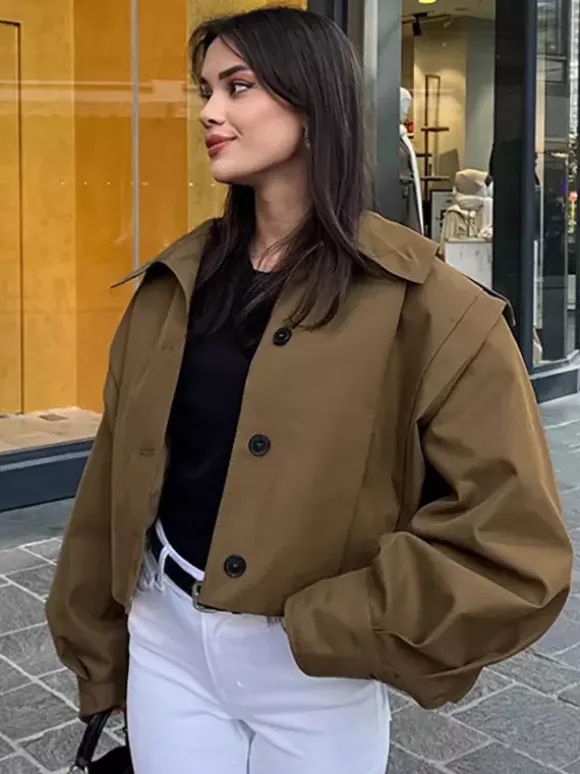 Stand Collar Cropped Jacket For Women 2026